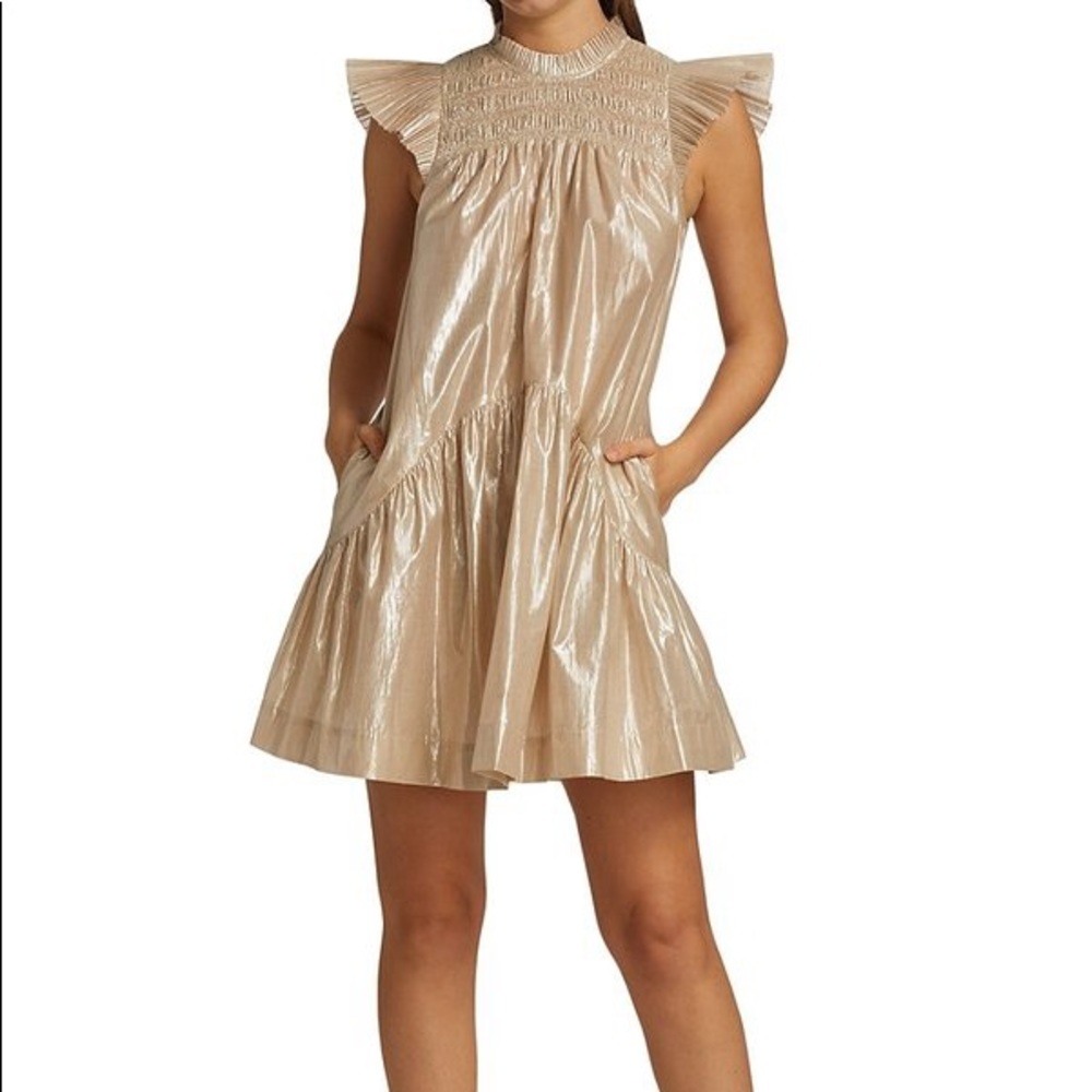 🆕 SEA Flutter sleeve metallic champagne mini dress Size Medium